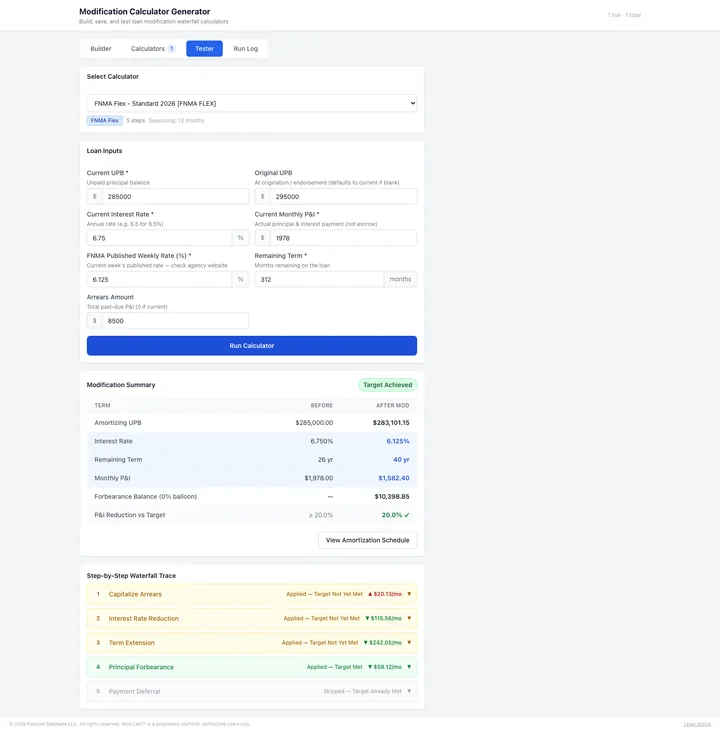 Mod Calc — No-Code Modification Waterfall Engine
